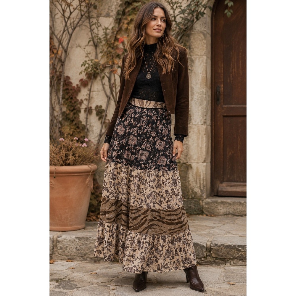 Mystree Patchwork Floral Tiered Maxi Skirt S Boho Fairy Grunge Lagenlook